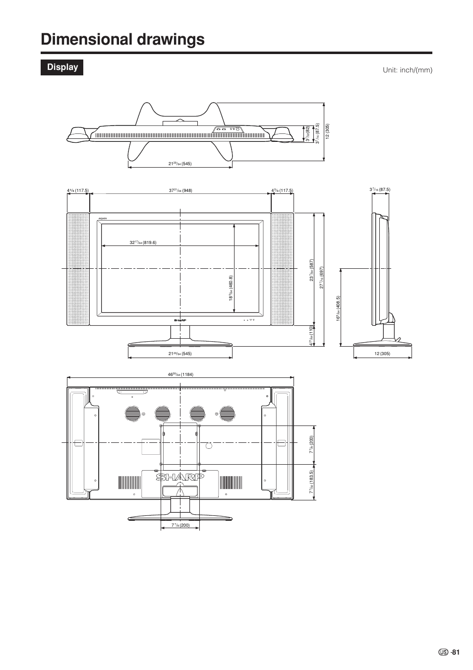 Dimensional drawings, Display, Unit: inch/(mm) | Sharp Aquos LC 37HV4U User Manual | Page 82 / 87