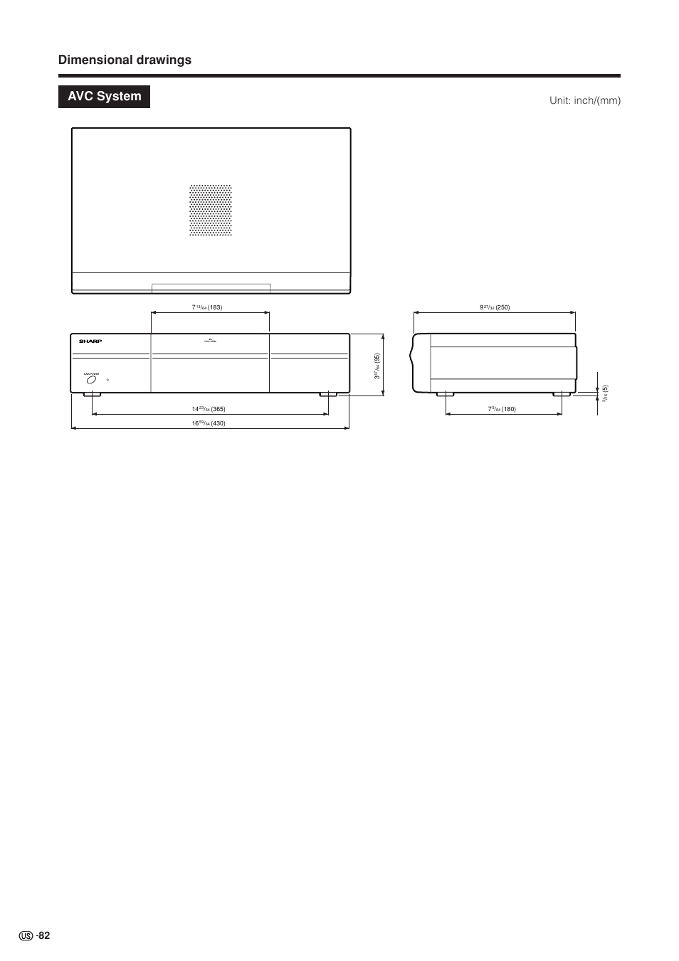 Dimensional drawings, Avc system, Unit: inch/(mm) | Sharp Aquos LC 37HV4U User Manual | Page 83 / 87