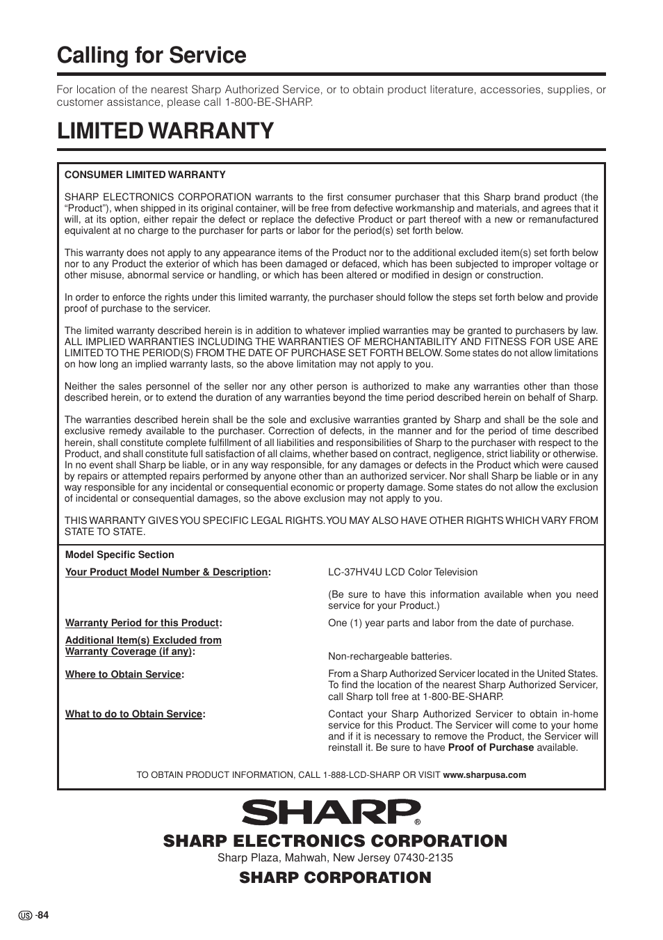 Calling for service, Limited warranty, Sharp electronics corporation | Sharp corporation | Sharp Aquos LC 37HV4U User Manual | Page 85 / 87