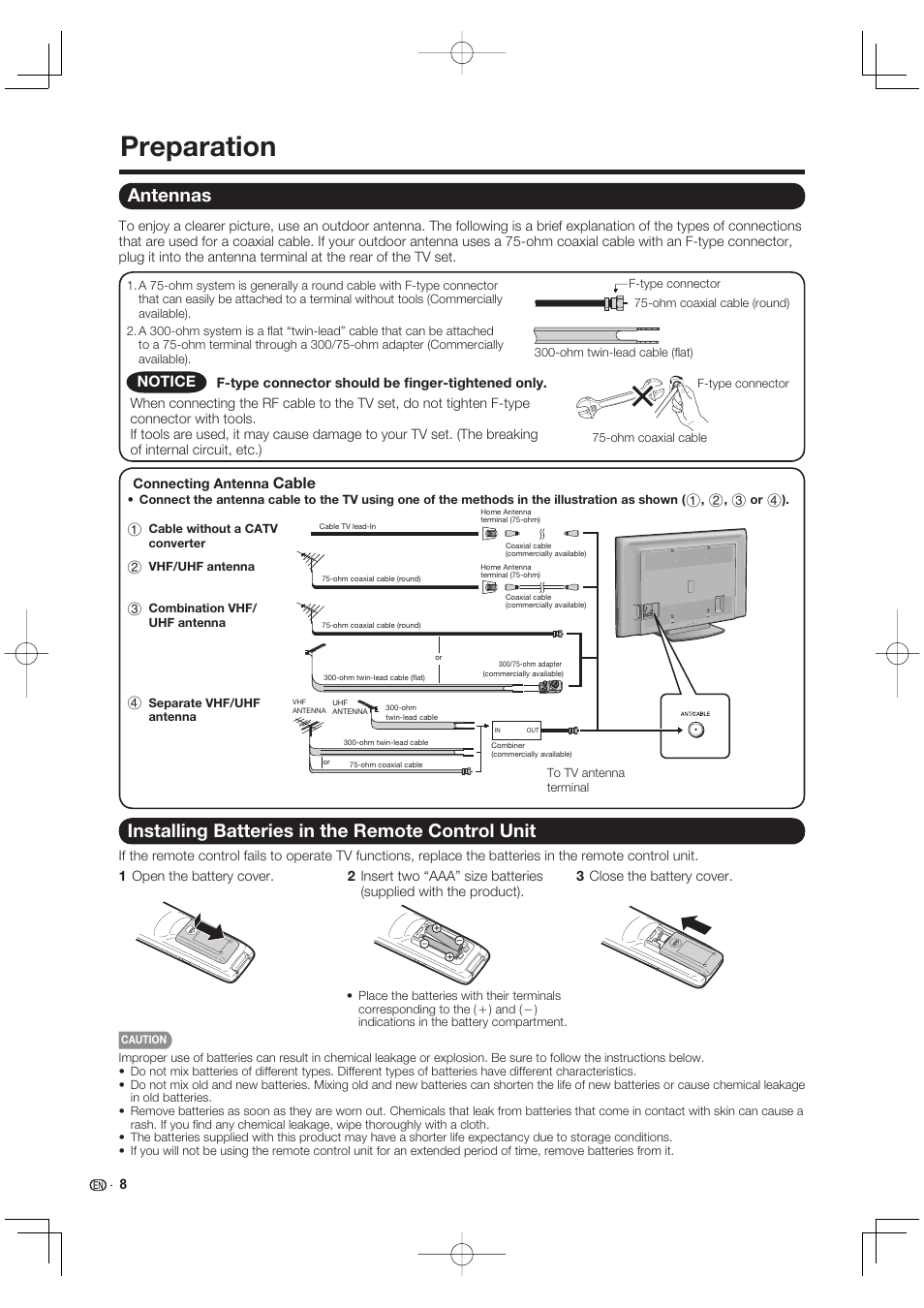 Preparation, Antennas, Installing batteries in the remote control unit | Cable, Notice | Sharp AQUOS 09P09-MX-NM User Manual | Page 10 / 51