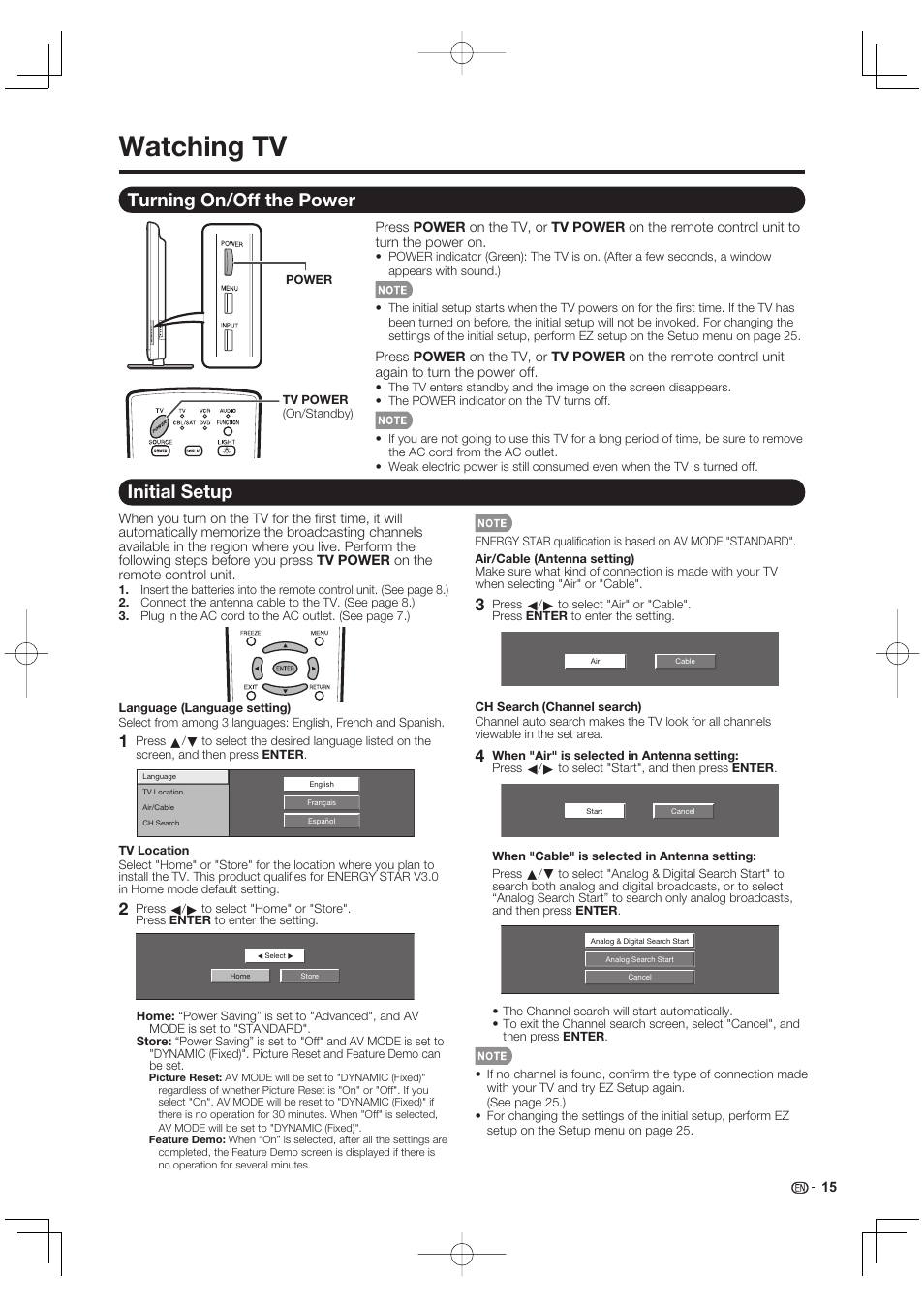 Watching tv, Turning on/off the power, Initial setup | Sharp AQUOS 09P09-MX-NM User Manual | Page 17 / 51