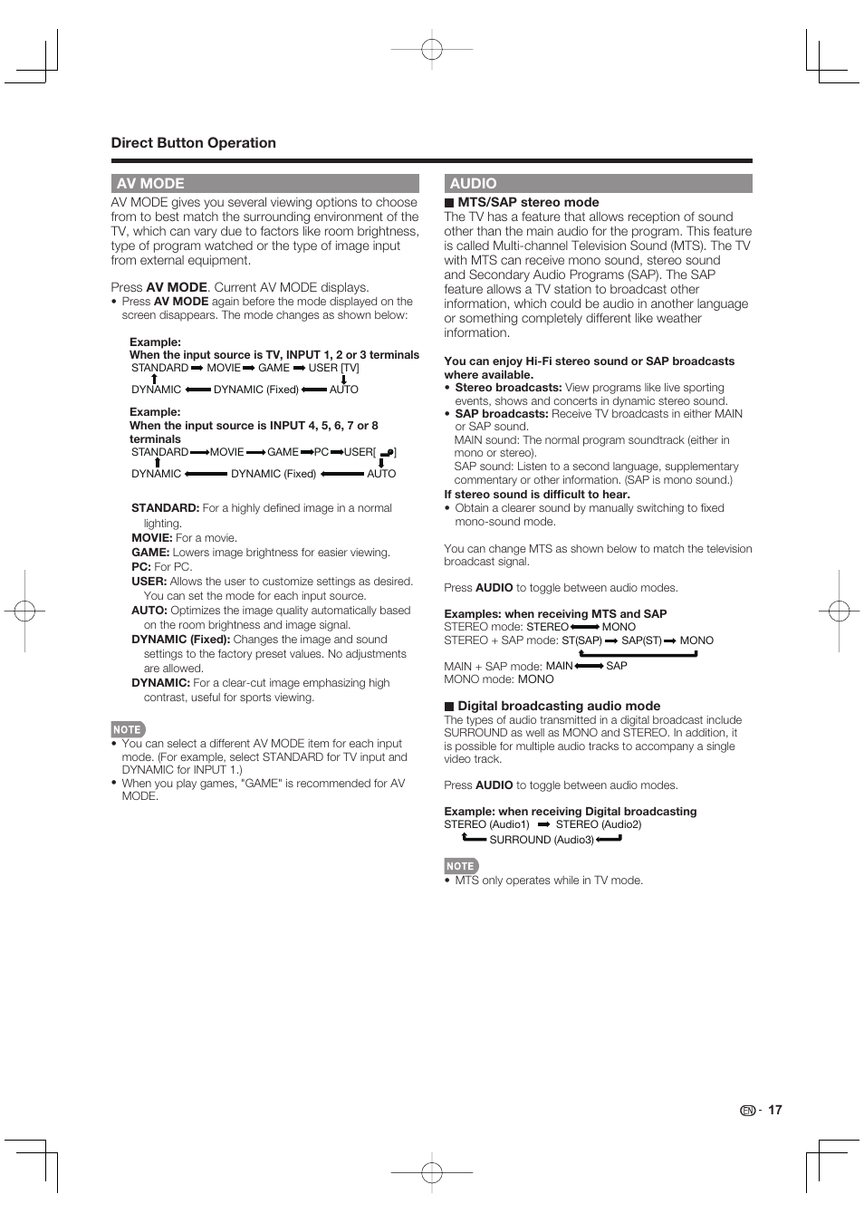 Av mode, Direct button operation audio | Sharp AQUOS 09P09-MX-NM User Manual | Page 19 / 51