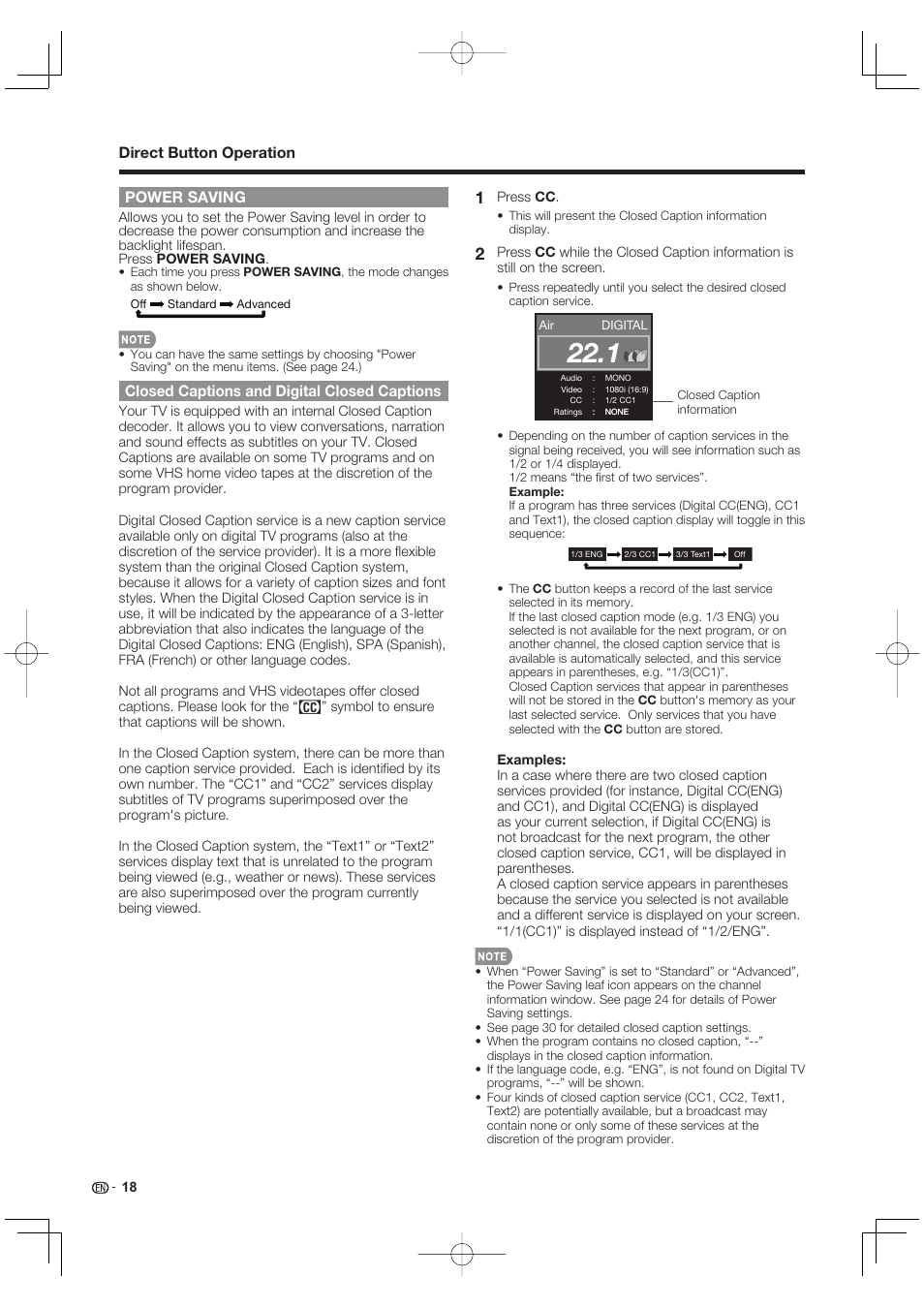 Power saving, Closed captions and digital closed captions, Direct button operation | Sharp AQUOS 09P09-MX-NM User Manual | Page 20 / 51