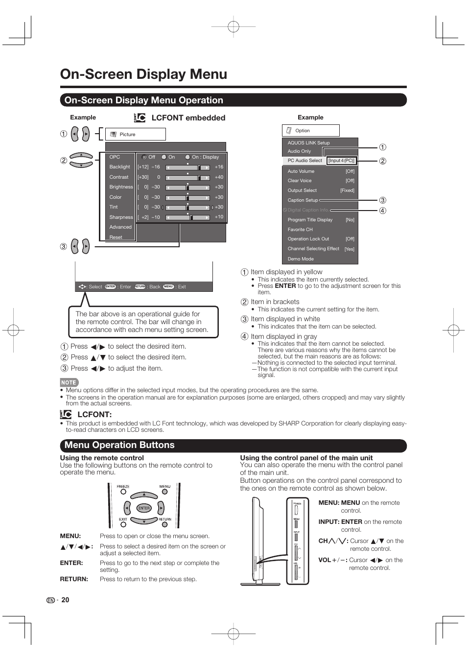 On-screen display menu, On-screen display menu operation, Menu operation buttons | Lcfont, Lcfont embedded | Sharp AQUOS 09P09-MX-NM User Manual | Page 22 / 51