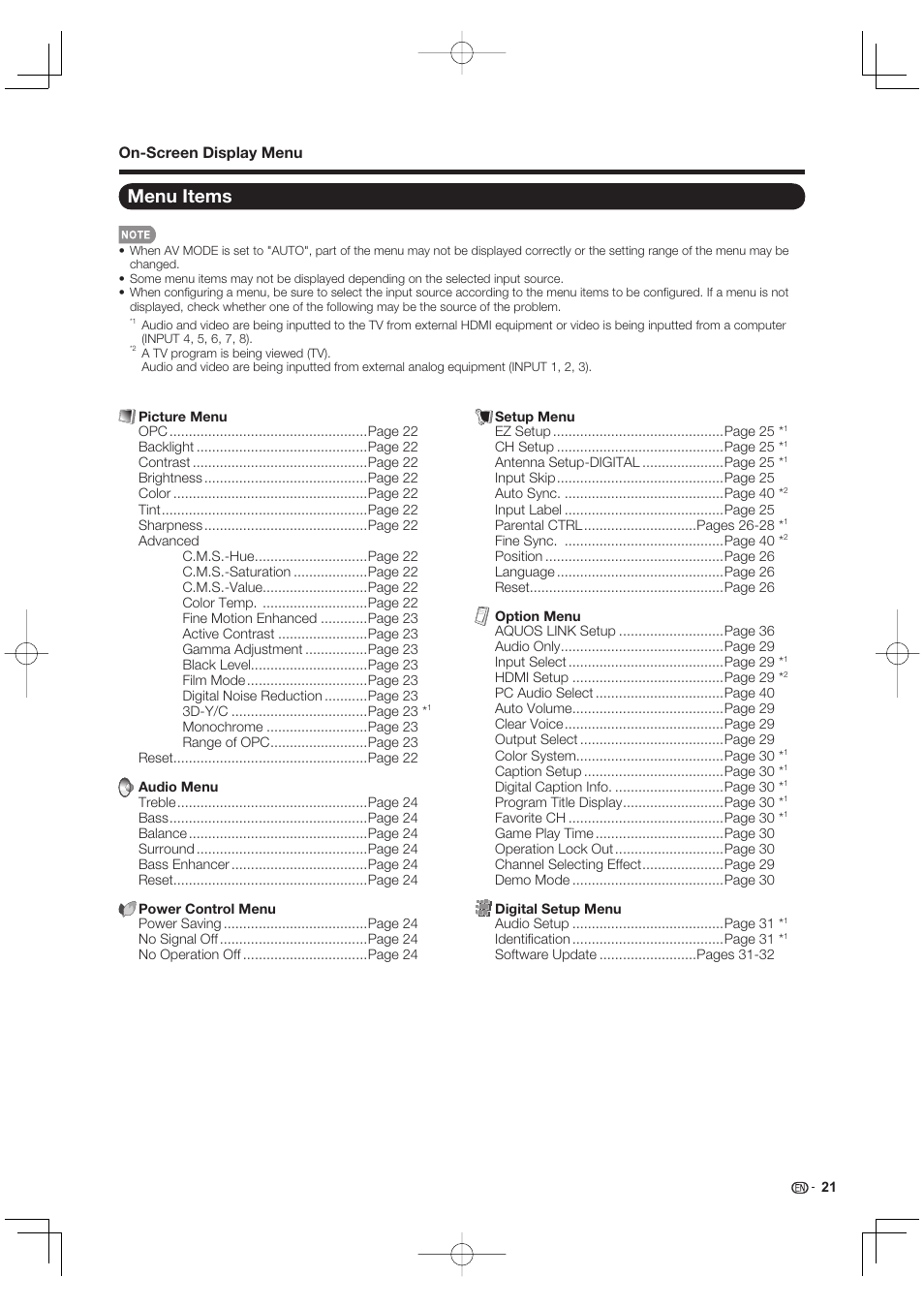 Menu items, On-screen display menu | Sharp AQUOS 09P09-MX-NM User Manual | Page 23 / 51