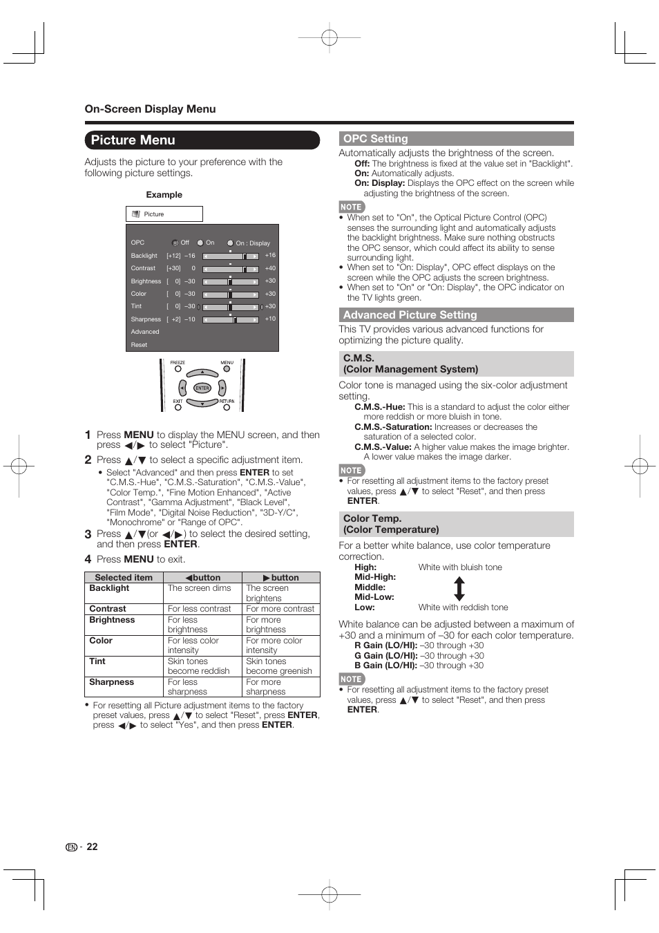 Picture menu, On-screen display menu opc setting, Advanced picture setting | Sharp AQUOS 09P09-MX-NM User Manual | Page 24 / 51