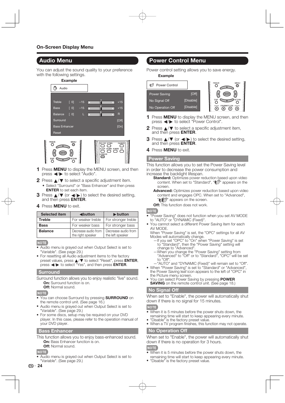 Audio menu, Power control menu | Sharp AQUOS 09P09-MX-NM User Manual | Page 26 / 51