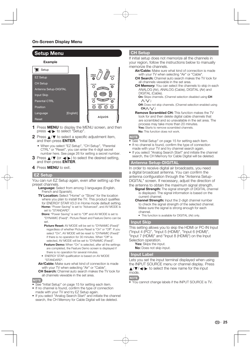 Setup menu | Sharp AQUOS 09P09-MX-NM User Manual | Page 27 / 51