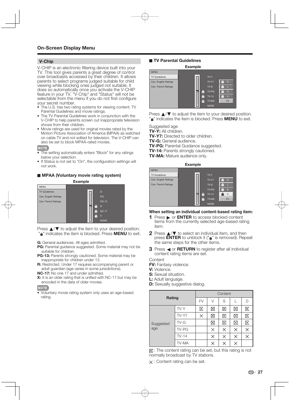 On-screen display menu | Sharp AQUOS 09P09-MX-NM User Manual | Page 29 / 51