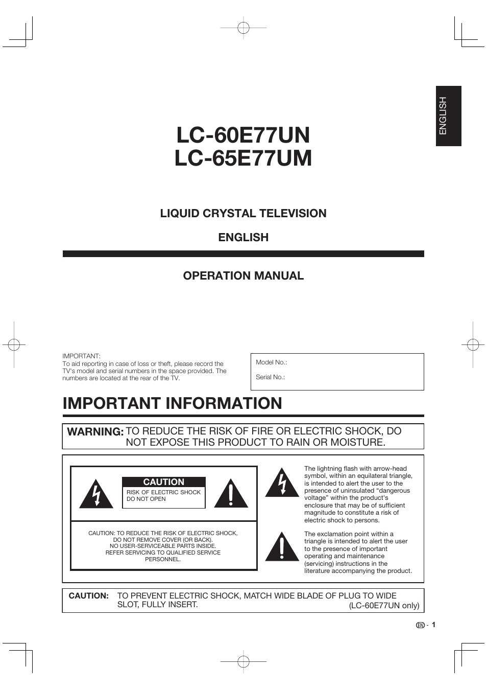 Important information, Operation manual, Liquid crystal television english | Sharp AQUOS 09P09-MX-NM User Manual | Page 3 / 51