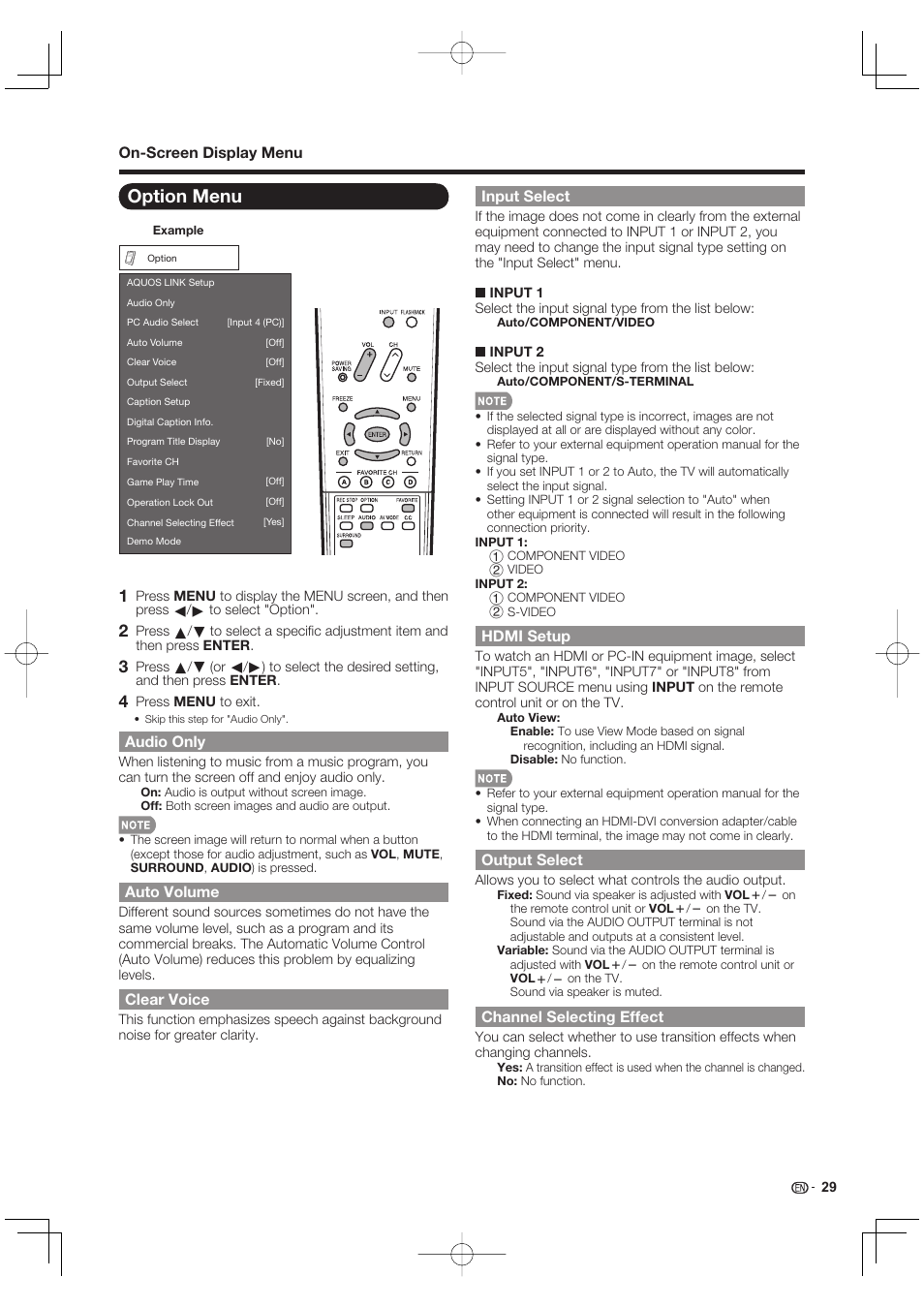 Option menu | Sharp AQUOS 09P09-MX-NM User Manual | Page 31 / 51