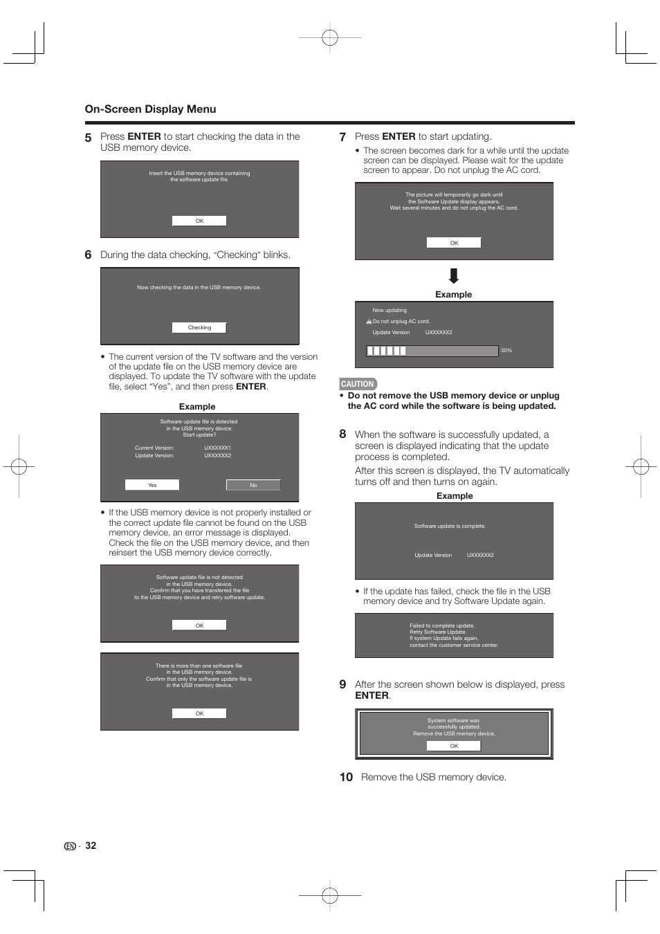 On-screen display menu, 32 during the data checking, Checking | Blinks, Press enter to start updating | Sharp AQUOS 09P09-MX-NM User Manual | Page 34 / 51