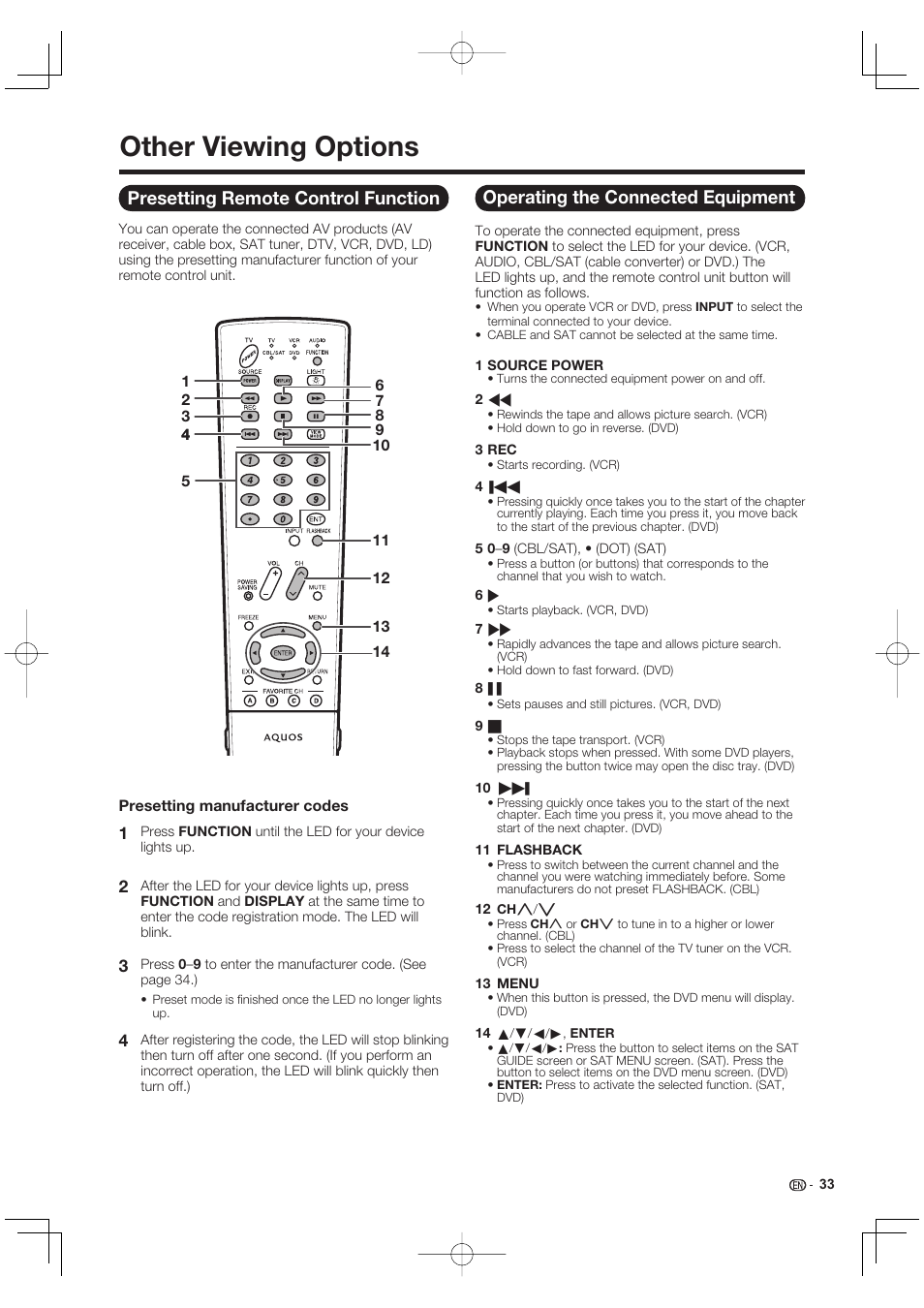 Other viewing options, Presetting remote control function, Operating the connected equipment | Sharp AQUOS 09P09-MX-NM User Manual | Page 35 / 51