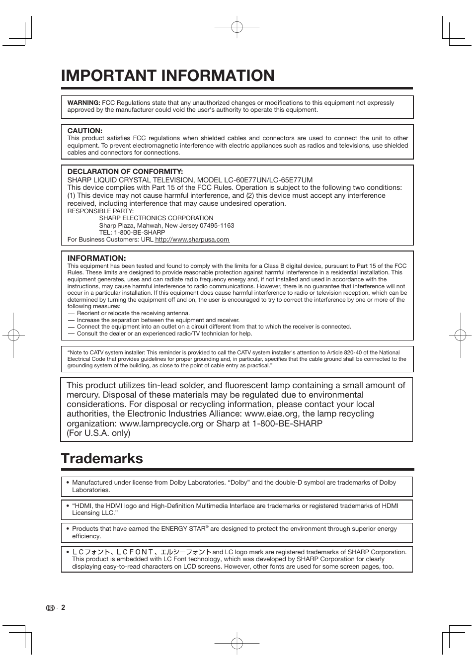 Important information, Trademarks | Sharp AQUOS 09P09-MX-NM User Manual | Page 4 / 51