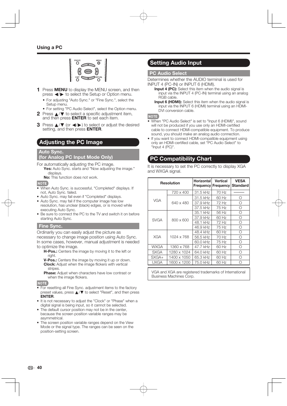 Adjusting the pc image, Setting audio input, Pc compatibility chart | Sharp AQUOS 09P09-MX-NM User Manual | Page 42 / 51