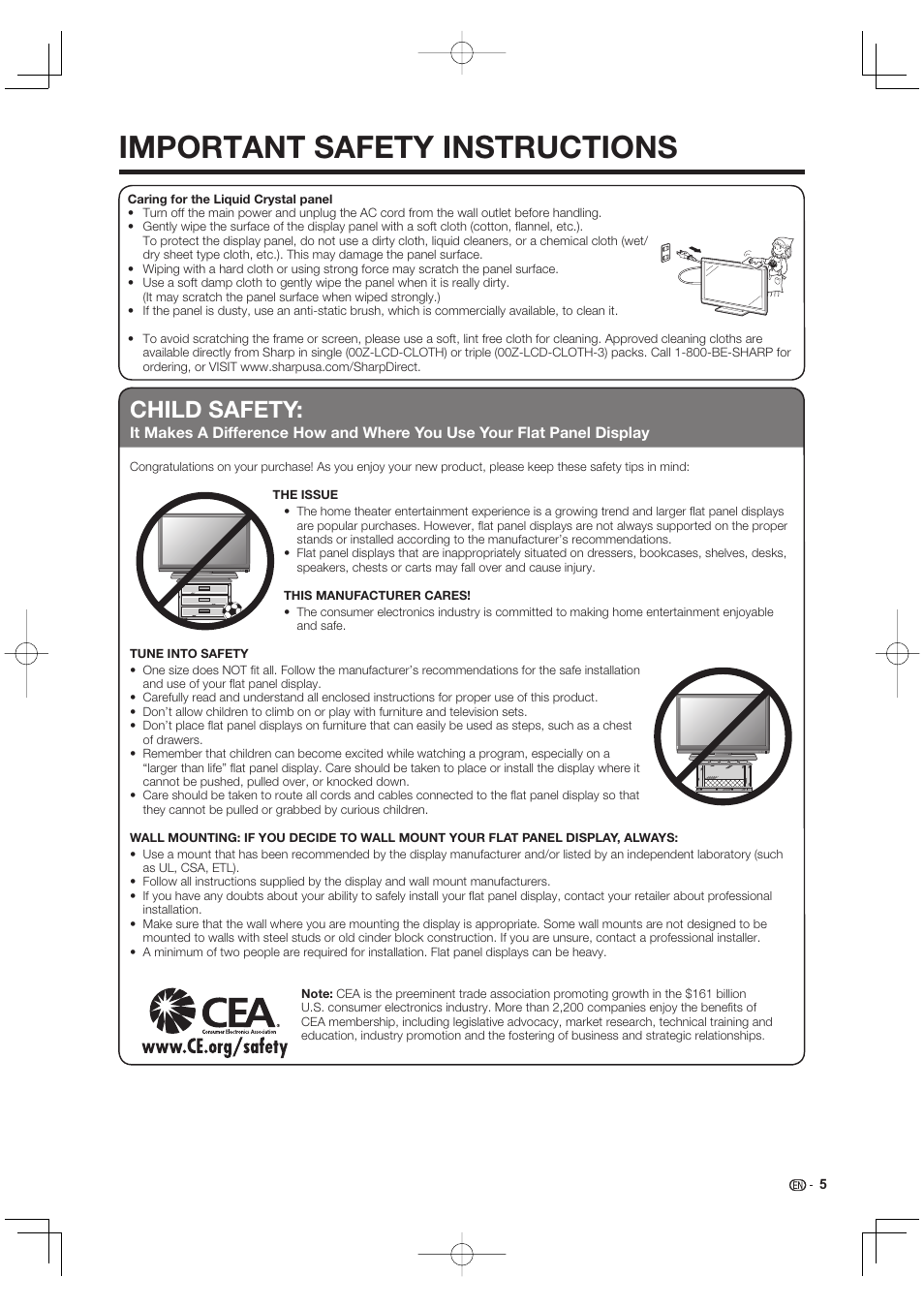 Important safety instructions, Child safety | Sharp AQUOS 09P09-MX-NM User Manual | Page 7 / 51