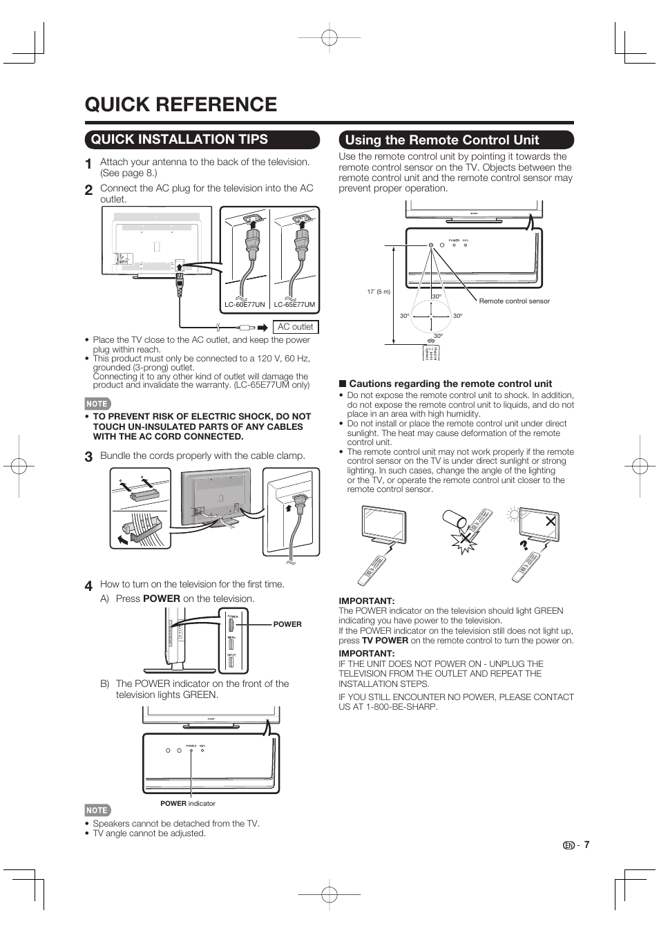 Quick reference, Using the remote control unit, Quick installation tips | Sharp AQUOS 09P09-MX-NM User Manual | Page 9 / 51