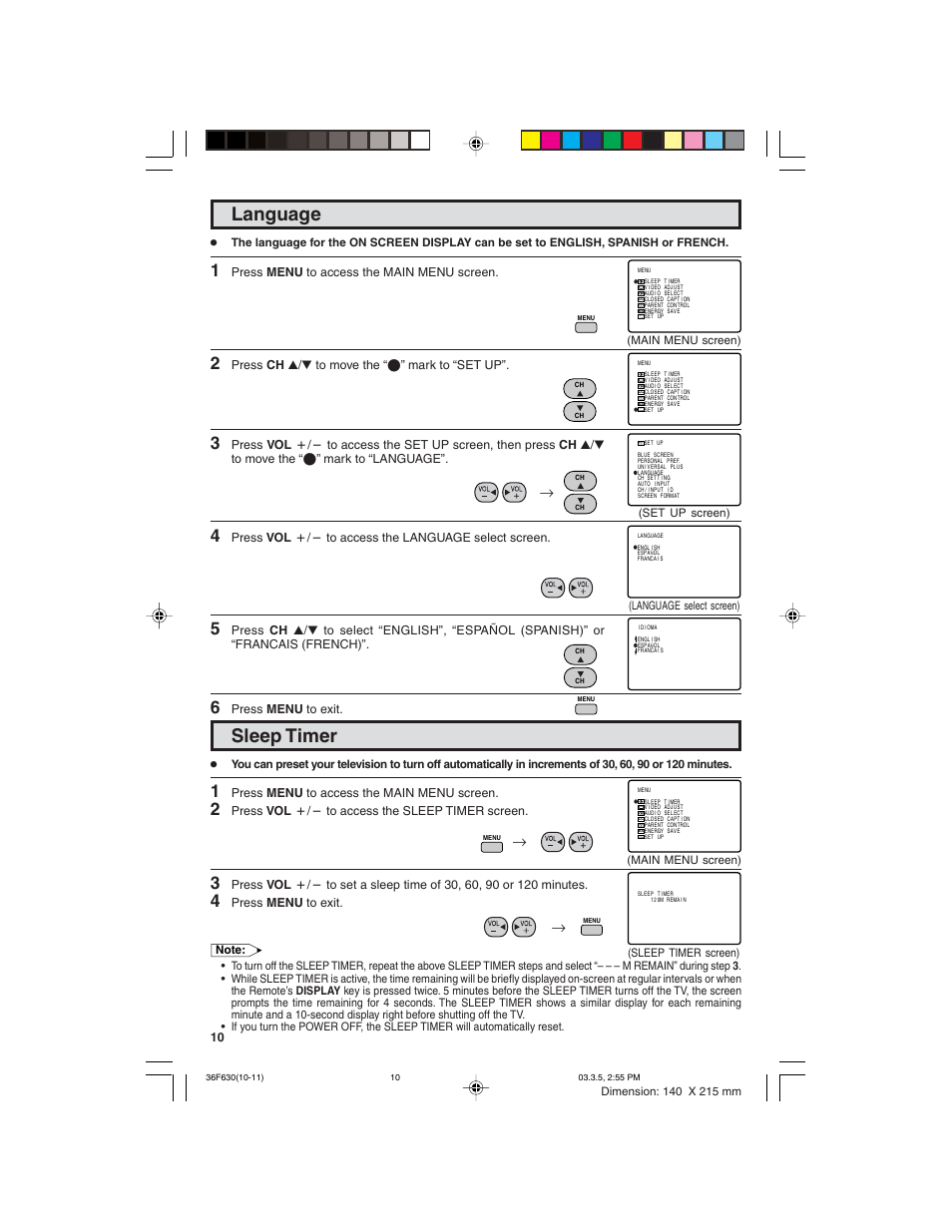 Sleep timer, Language | Sharp 36F630 User Manual | Page 10 / 60