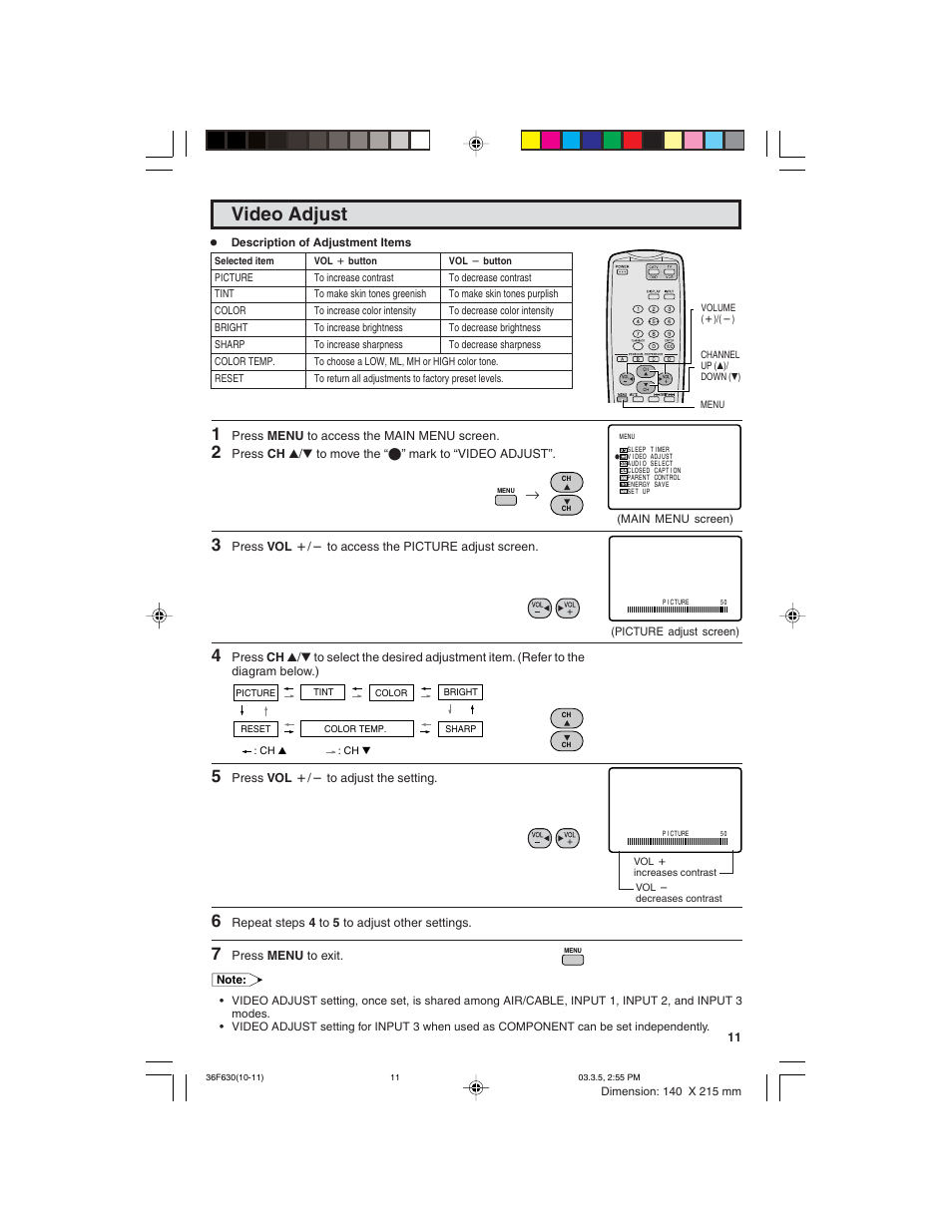 Video adjust | Sharp 36F630 User Manual | Page 11 / 60