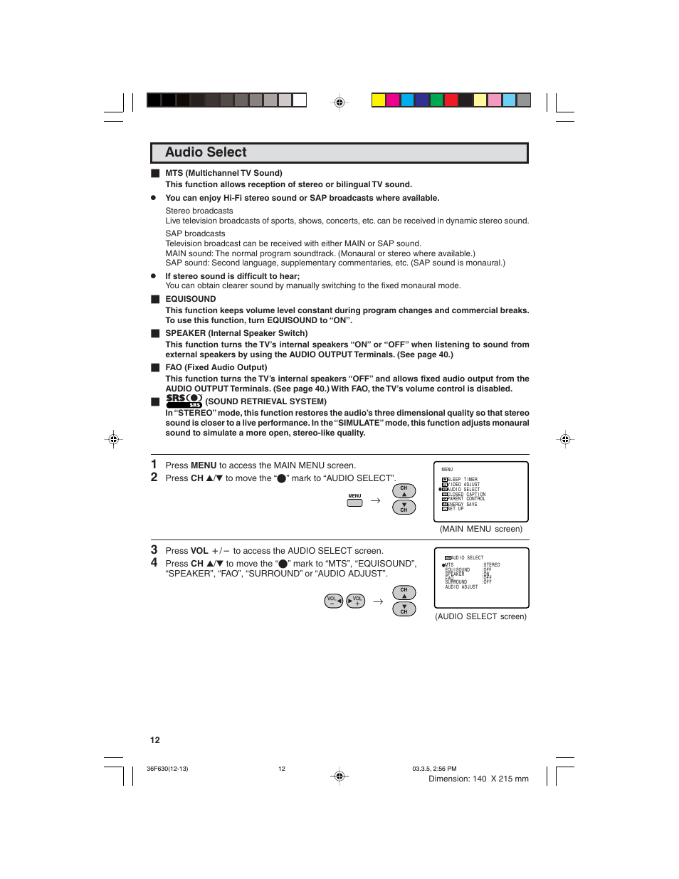 Audio select | Sharp 36F630 User Manual | Page 12 / 60