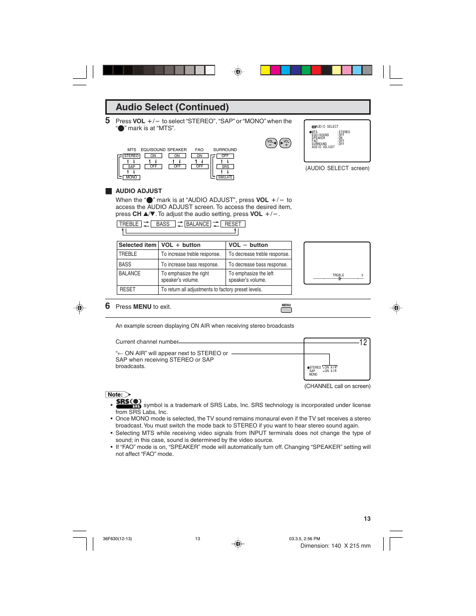 Audio select (continued) | Sharp 36F630 User Manual | Page 13 / 60