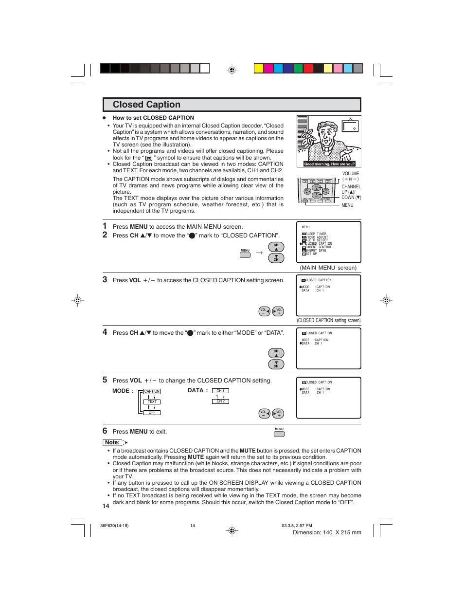 Closed caption | Sharp 36F630 User Manual | Page 14 / 60