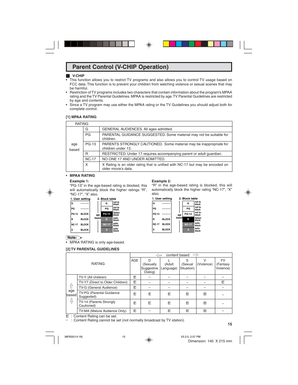 Parent control (v-chip operation) | Sharp 36F630 User Manual | Page 15 / 60