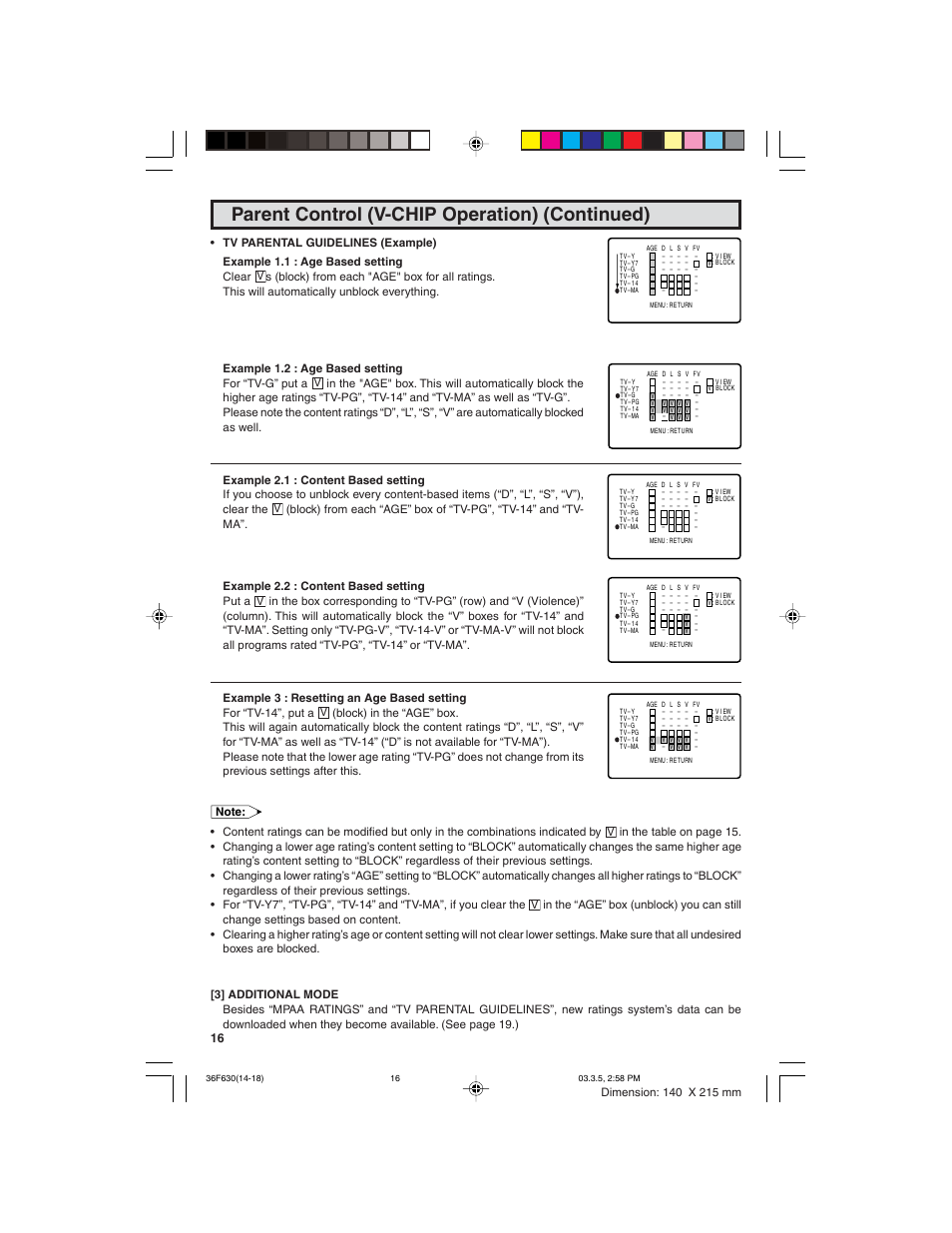 Parent control (v-chip operation) (continued) | Sharp 36F630 User Manual | Page 16 / 60