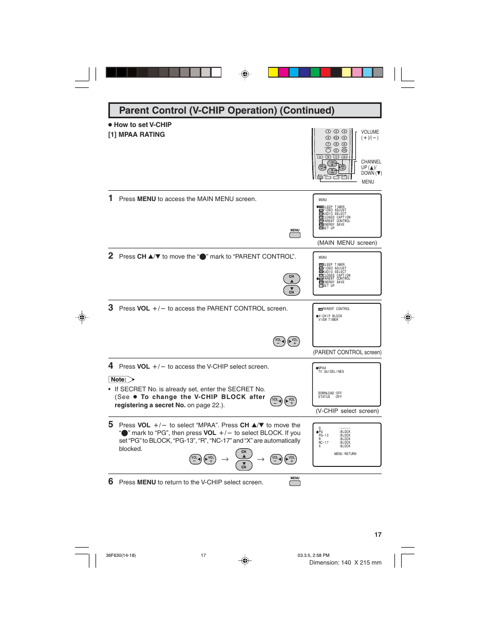 Parent control (v-chip operation) (continued) | Sharp 36F630 User Manual | Page 17 / 60