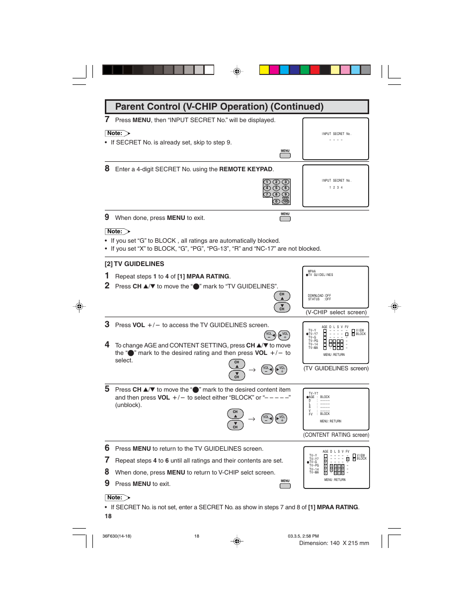 Parent control (v-chip operation) (continued), 2] tv guidelines | Sharp 36F630 User Manual | Page 18 / 60