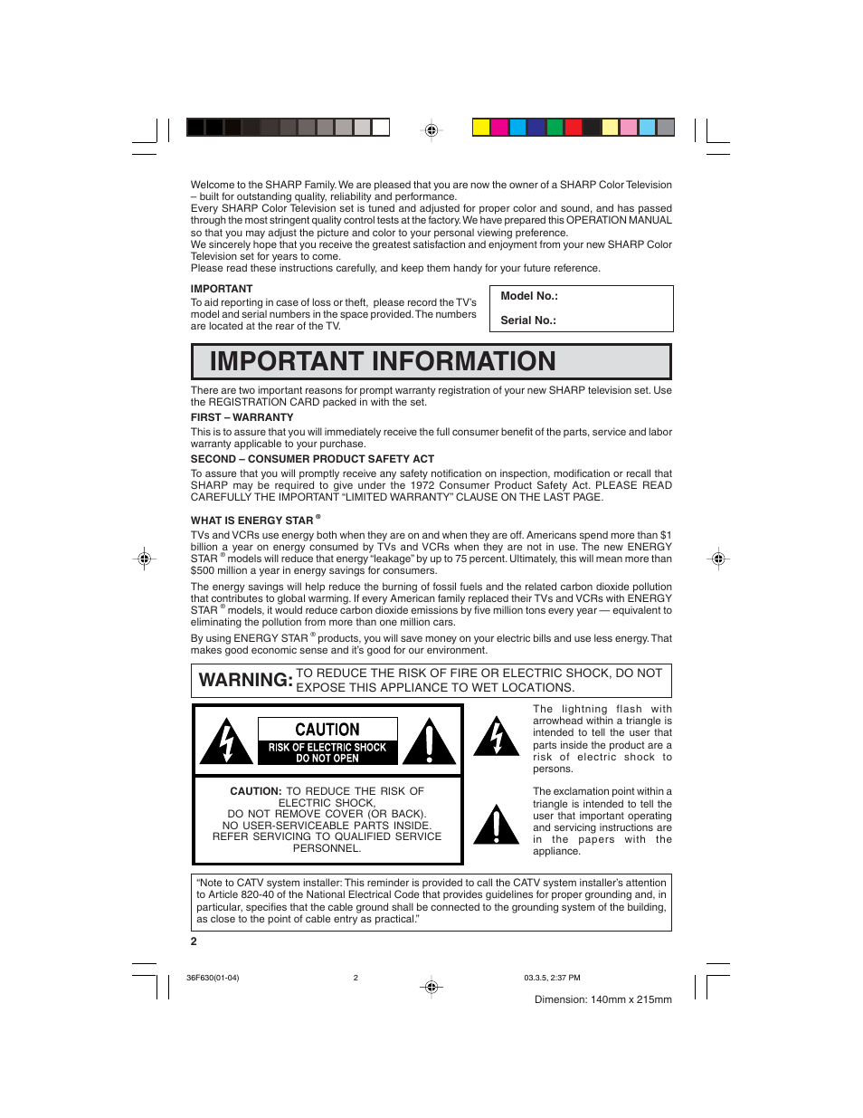 Important information, Warning | Sharp 36F630 User Manual | Page 2 / 60