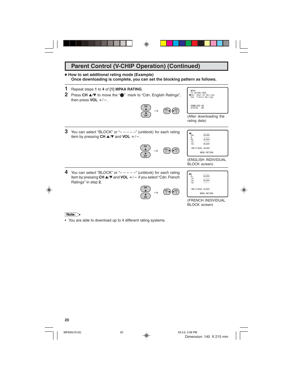 Parent control (v-chip operation) (continued) | Sharp 36F630 User Manual | Page 20 / 60