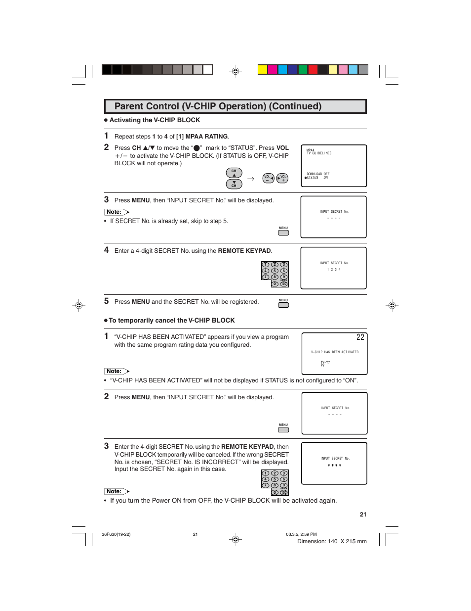 Parent control (v-chip operation) (continued) | Sharp 36F630 User Manual | Page 21 / 60