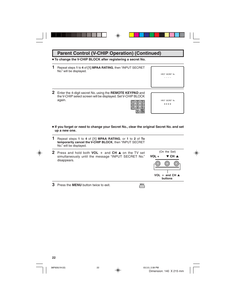 Parent control (v-chip operation) (continued) | Sharp 36F630 User Manual | Page 22 / 60