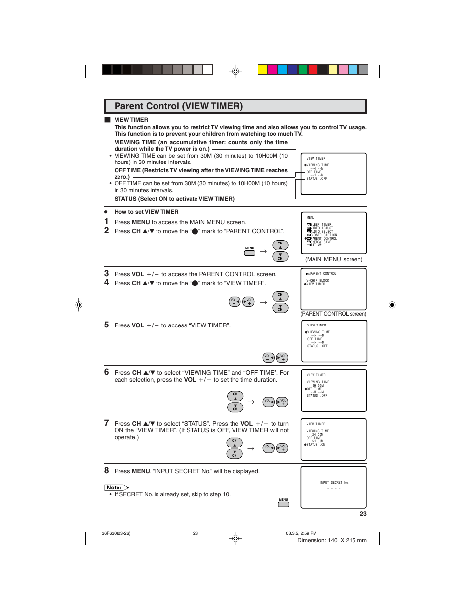 Parent control (view timer) | Sharp 36F630 User Manual | Page 23 / 60