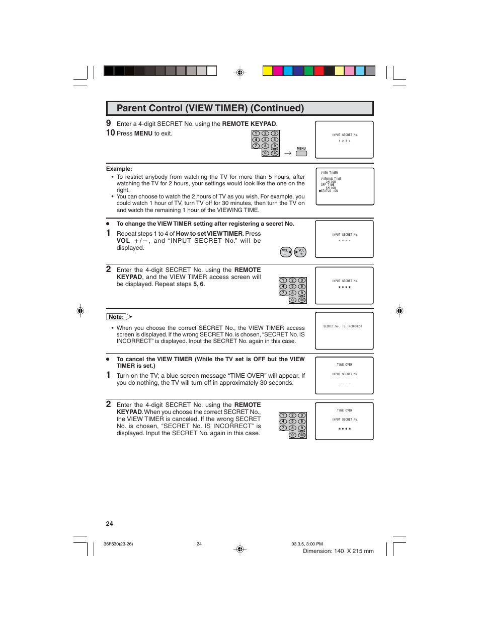 Parent control (view timer) (continued) | Sharp 36F630 User Manual | Page 24 / 60