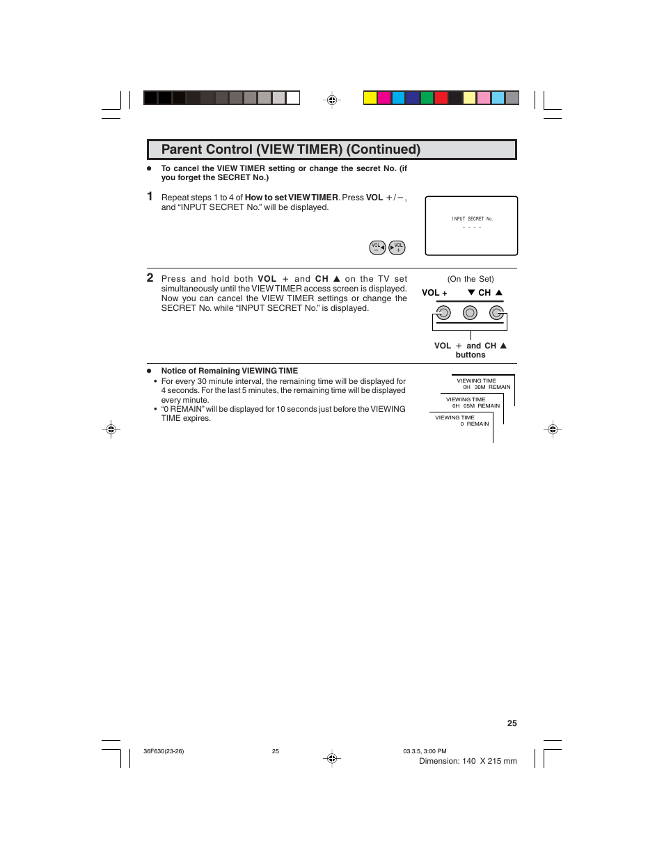 Parent control (view timer) (continued) | Sharp 36F630 User Manual | Page 25 / 60