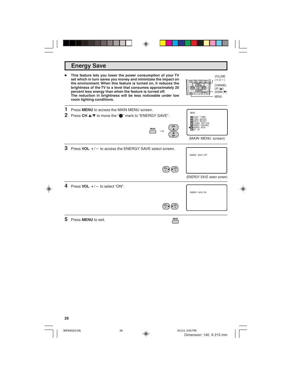 Energy save | Sharp 36F630 User Manual | Page 26 / 60