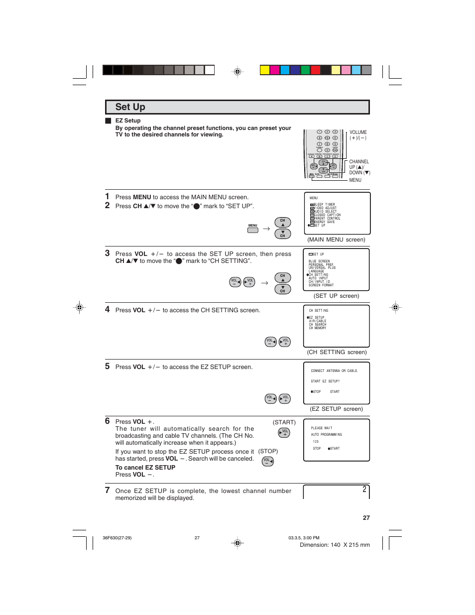 Set up | Sharp 36F630 User Manual | Page 27 / 60