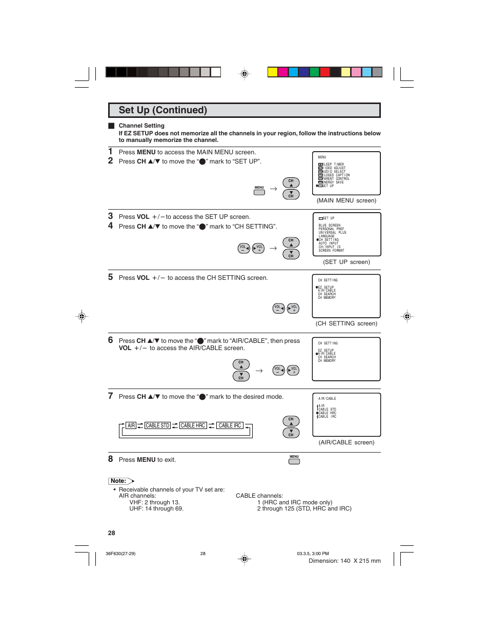 Set up (continued) | Sharp 36F630 User Manual | Page 28 / 60