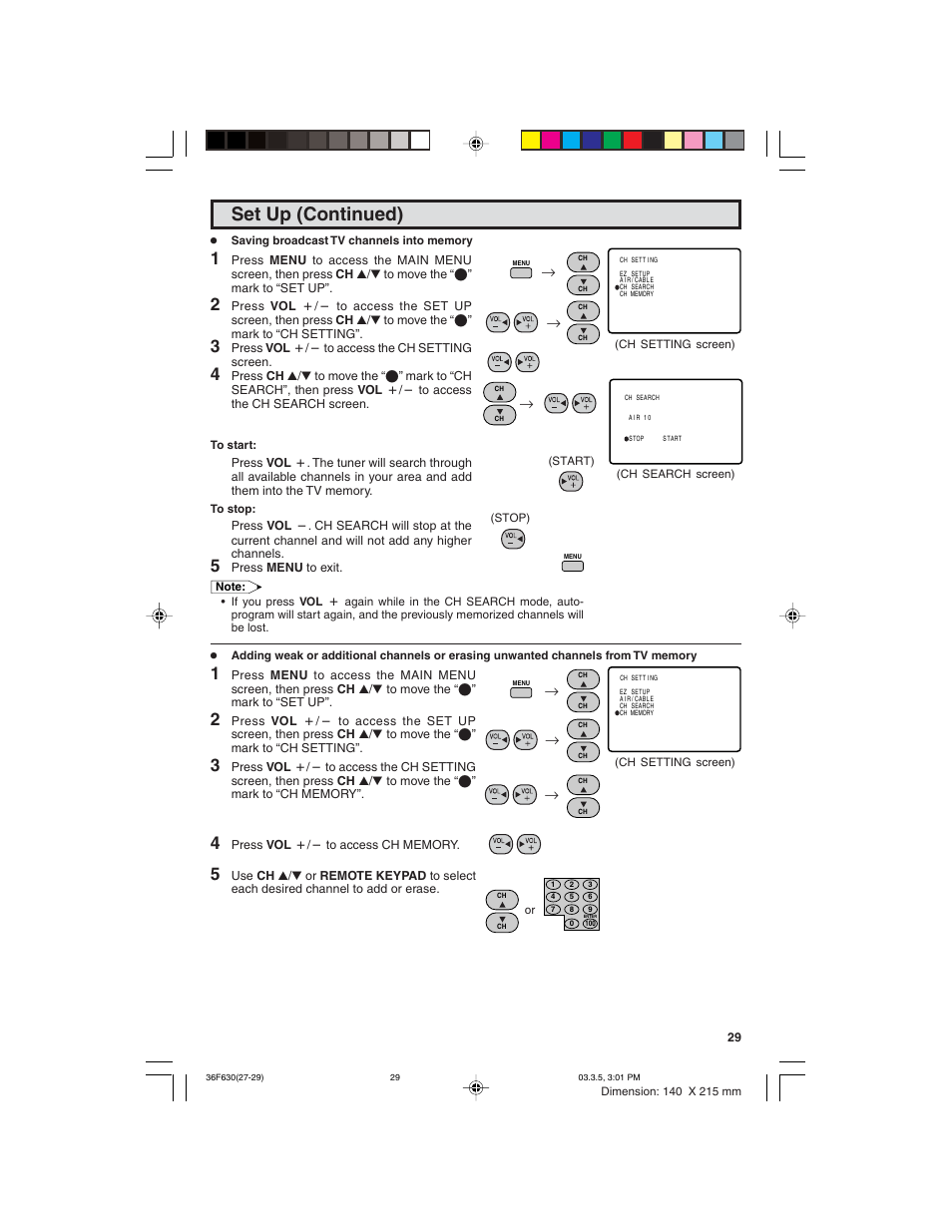 Set up (continued) | Sharp 36F630 User Manual | Page 29 / 60