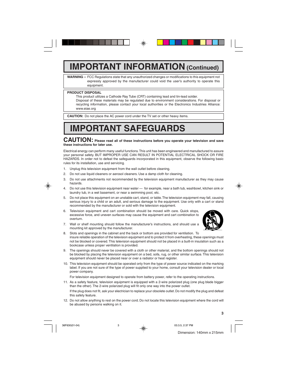 Important information, Important safeguards, Caution | Continued) | Sharp 36F630 User Manual | Page 3 / 60