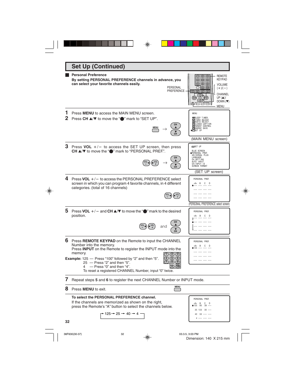 Set up (continued) | Sharp 36F630 User Manual | Page 32 / 60