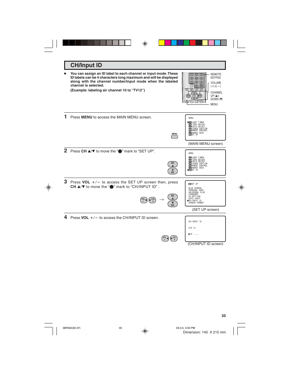 Ch/input id | Sharp 36F630 User Manual | Page 35 / 60