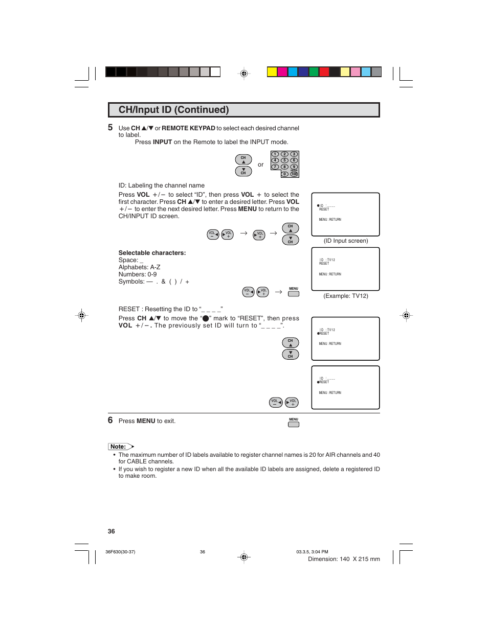 Ch/input id (continued) | Sharp 36F630 User Manual | Page 36 / 60