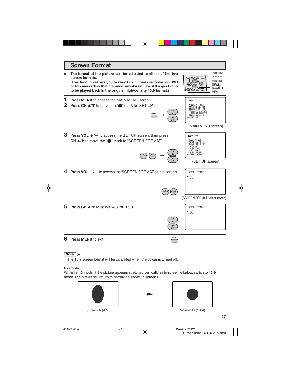 Screen format | Sharp 36F630 User Manual | Page 37 / 60