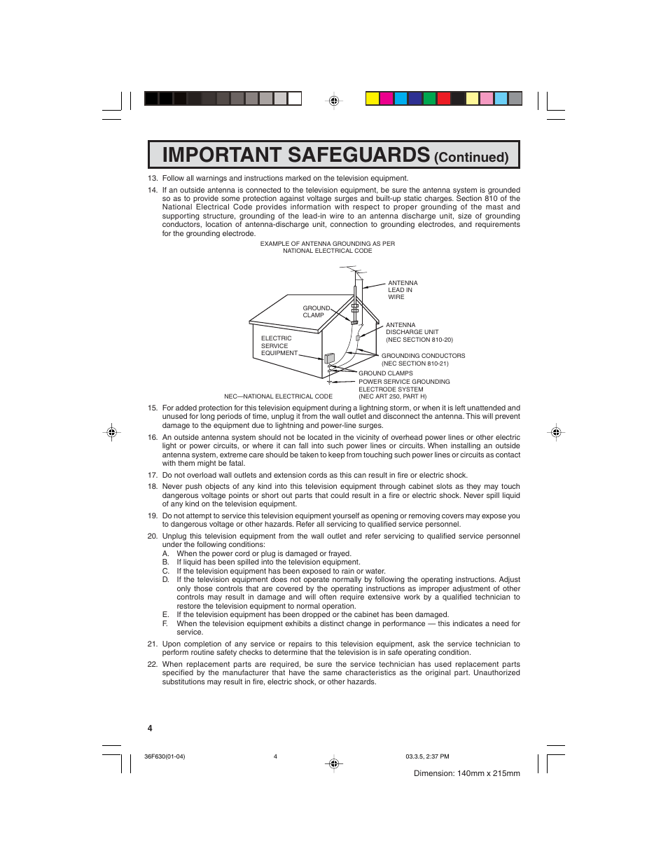 Important safeguards, Continued) | Sharp 36F630 User Manual | Page 4 / 60