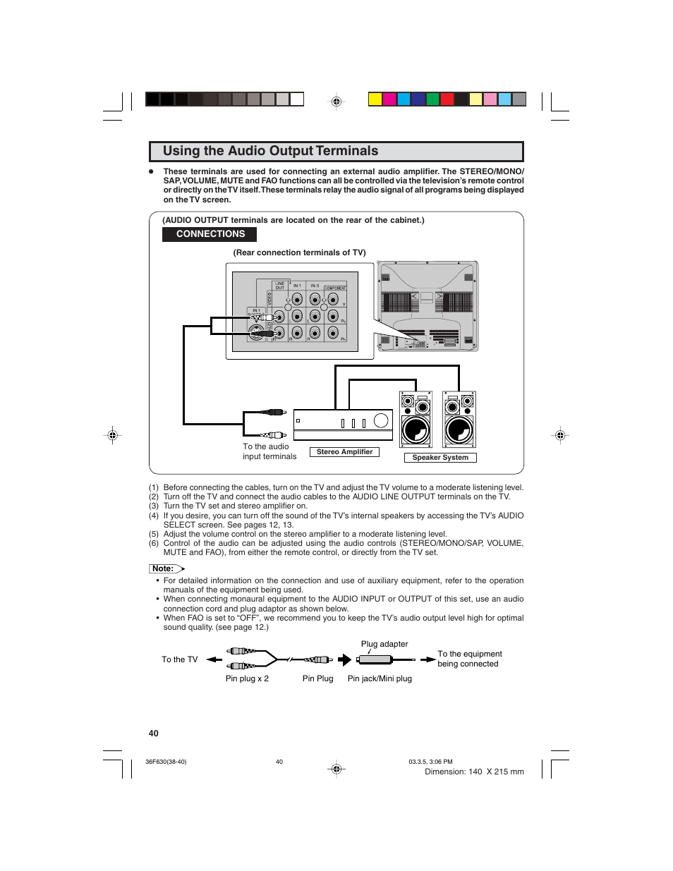 Using the audio output terminals | Sharp 36F630 User Manual | Page 40 / 60