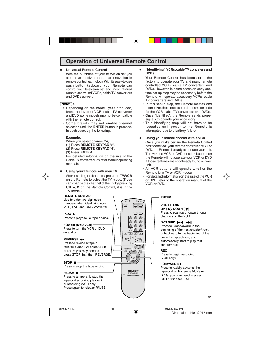 Operation of universal remote control | Sharp 36F630 User Manual | Page 41 / 60