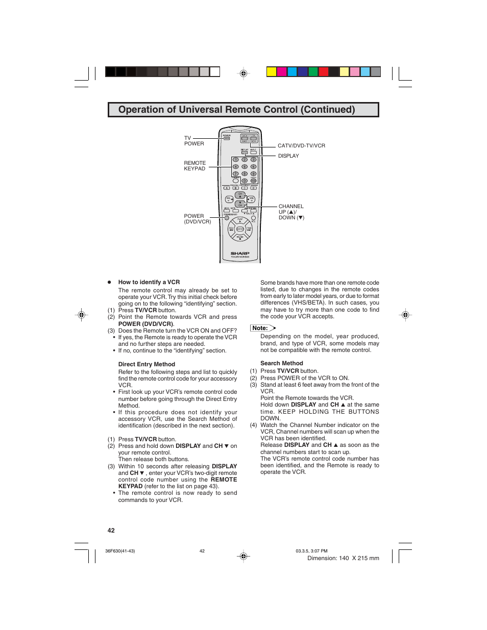 Operation of universal remote control (continued) | Sharp 36F630 User Manual | Page 42 / 60